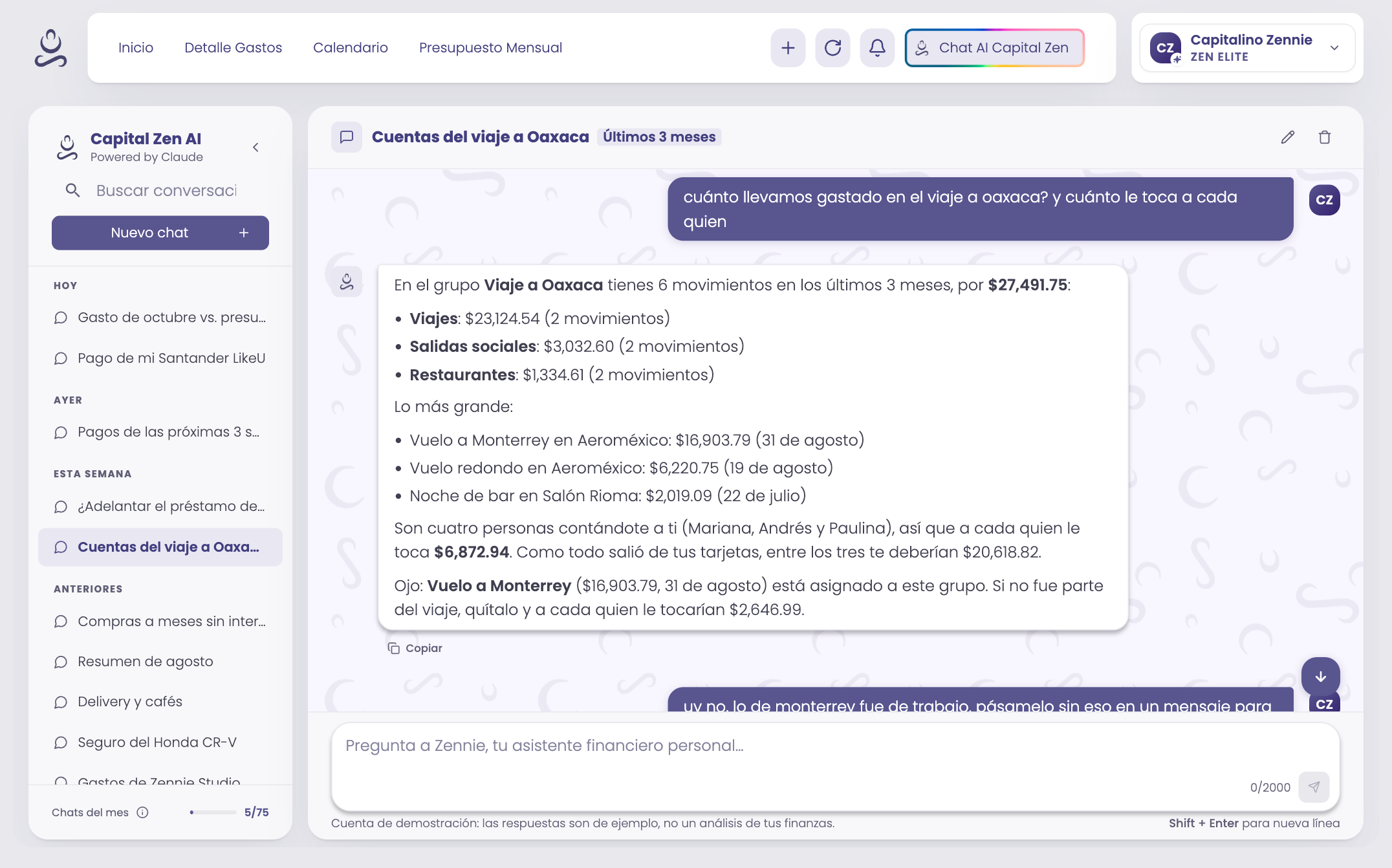 Conversación con Zennie en Capital Zen AI sobre los gastos de un viaje