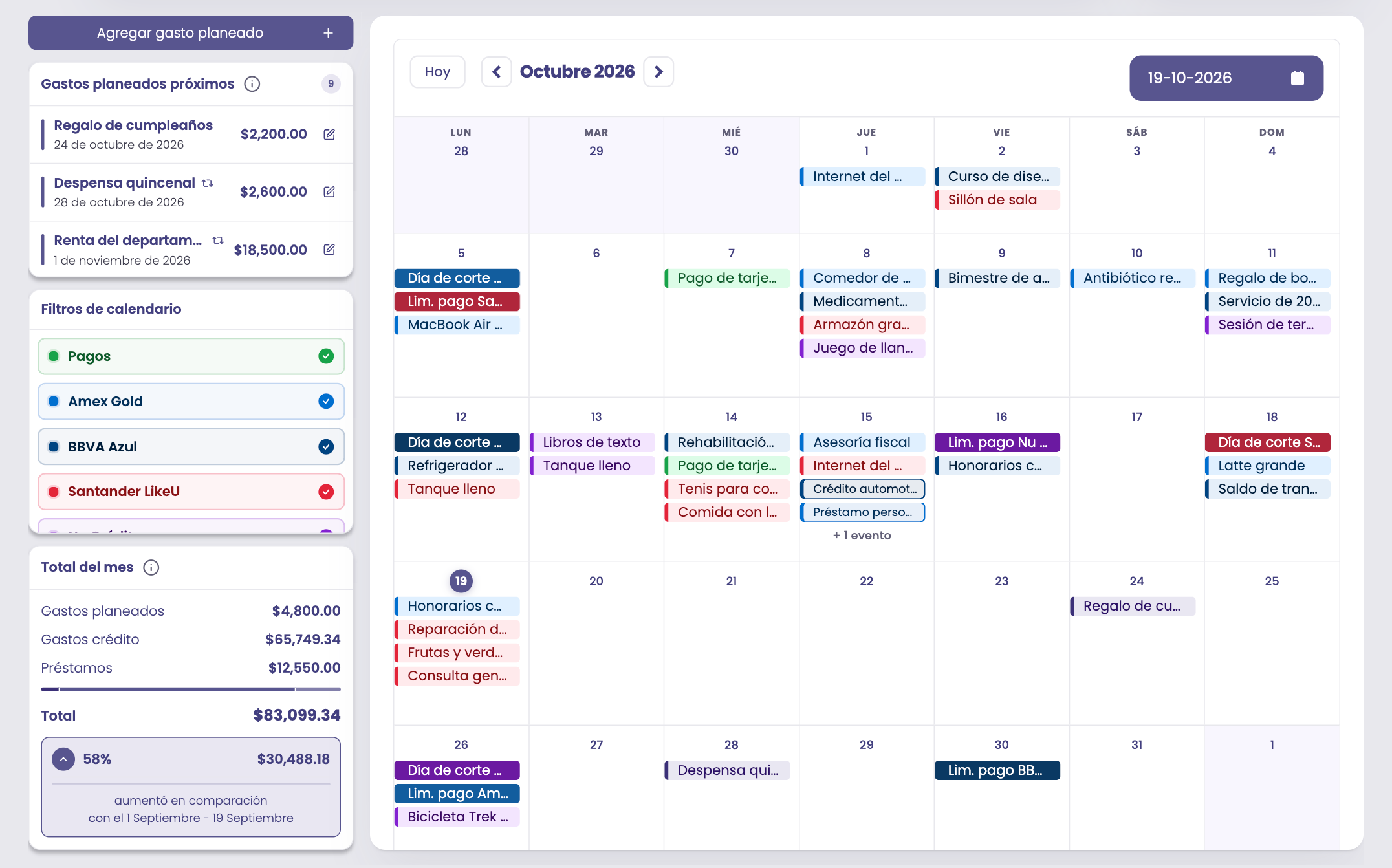 Calendario de Capital Zen con pagos, cortes y gastos planeados de octubre